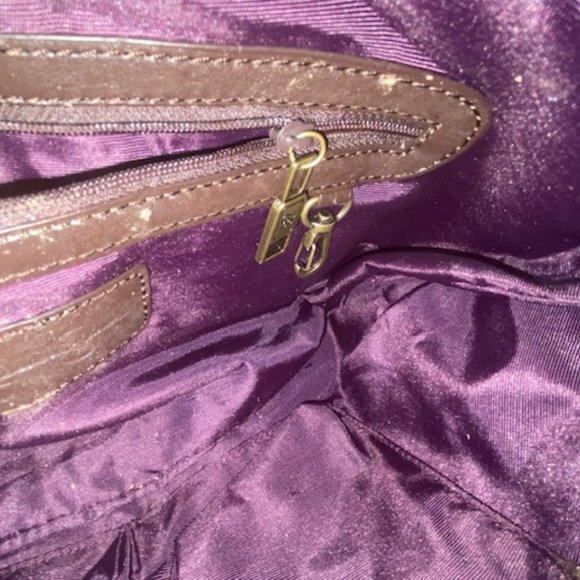 JESSICA SIMPSON Texture Faux Leather BROWN Purple PURSE Brass Strap PURPLE satin - Picture 10 of 12